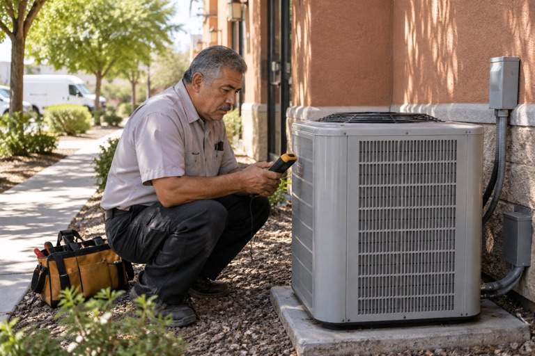 HVAC technician checking an outdoor air conditioner