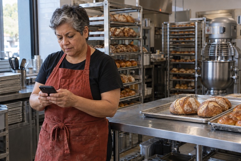 Bakery owner reading a message on her phone