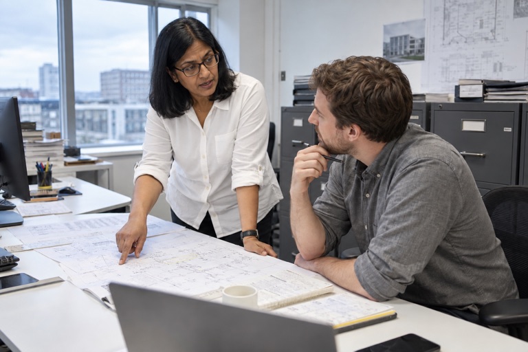 Two colleagues reviewing documents in an office