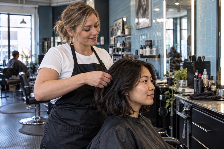 Stylist working on a client’s hair in a salon